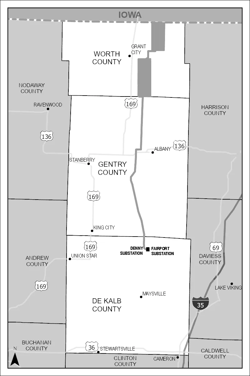 Fairport Denny Transmission Line Map - Worth, Gentry, and DeKalb Counties