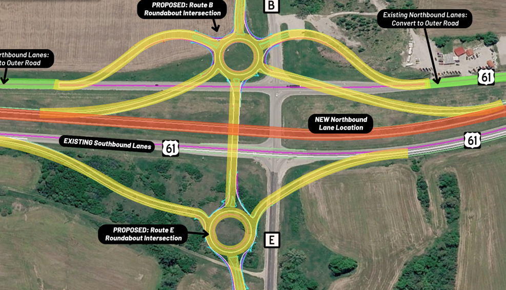 Map of proposed MoDOT Route 61 Interchange Project with Routes B and E (near Wilson Rd and Shannon Lane) in Lincoln County Map of proposed MoDOT Route 61 Interchange Project with Routes B and E (near Wilson Rd and Shannon Lane) in Lincoln County