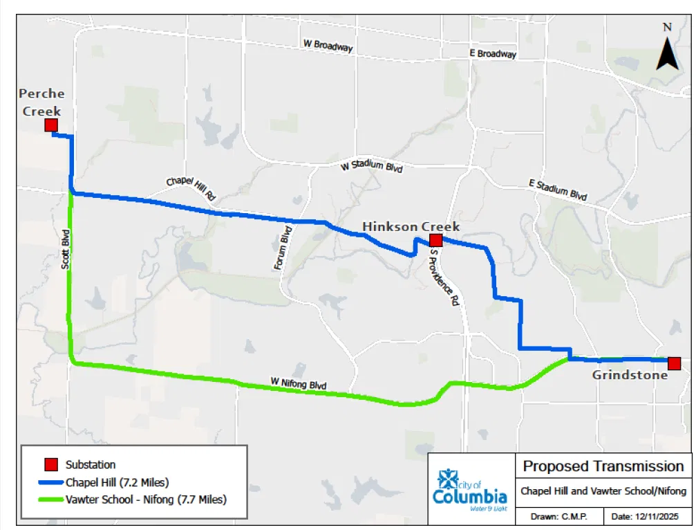 Map of City of Columbia new 161 KV transmission line connecting the Perche Creek and Grindstone substations along a path that follows Scott Boulevard, Vawter School road, Nifong and Grindstone Parkway.