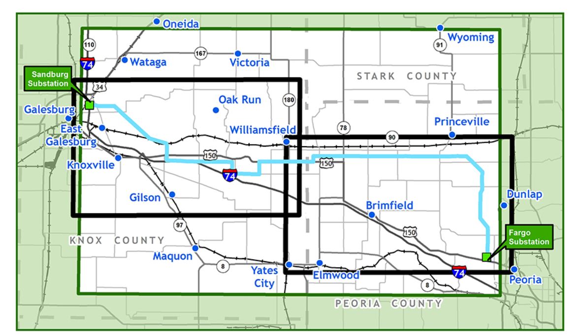 Overview map of Spoon River Transmission Line - Knox and Peoria Counties